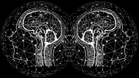 Zwei weiße Umrisse von menschlichen Köpfen, auf einem schwarzen Hintergrund. Die Köpfe schauen in entgegengesetzte Richtungen. Das Gehirn und seine Nervenbahnen und Verbindungen in Richtung Rückenmark sind erkennbar und als dünne weiße Striche gezeichnet. Vor und hinter den Köpfen liegt eine Textur, die aus einem Netzwerk an weißen Punkten, die untereinander mit Linien verbunden sind, besteht.