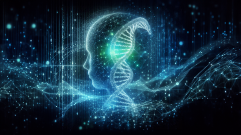 A digital illustration depicting a human head silhouette integrated with a double helix DNA strand. The head and DNA are formed by a network of glowing blue and white interconnected lines and dots, creating a mesh-like appearance. The background is dark with scattered blue and green glowing particles and abstract lines, suggesting a technological or digital environment. 