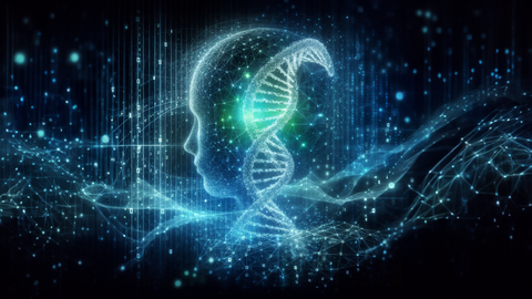 Eine digitale Illustration, die die Silhouette eines menschlichen Kopfes zeigt, die mit einer Doppelhelix-DNA-Struktur integriert ist. Der Kopf und die DNA bestehen aus einem Netzwerk von leuchtenden blauen und weißen, miteinander verbundenen Linien und Punkten, die ein netzartiges Aussehen erzeugen. Der Hintergrund ist dunkel mit verstreuten leuchtenden blauen und grünen Partikeln und abstrakten Linien, was auf eine technologische oder digitale Umgebung hinweist.