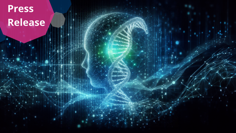 A digital illustration depicting a human head silhouette integrated with a double helix DNA strand. The head and DNA are formed by a network of glowing blue and white interconnected lines and dots, creating a mesh-like appearance. The background is dark with scattered blue and green glowing particles and abstract lines, suggesting a technological or digital environment. 