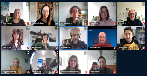 Ein Bildschirmfoto aus einem Online-Meeting. 14 Teilnehmer sind als Kacheln auf einem Bildschirm sichtbar.