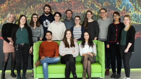 The 14 members of the Ader research group in front of a colourful wallpaper. 3 people are sitting on a bright green couch in the front row, the remaining 11 people are lined up behind the couch.