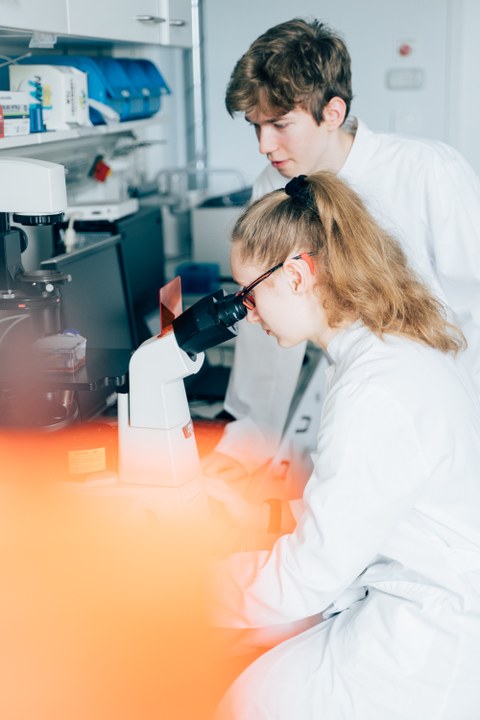A photo. Two people in front of a microscope. One is looking through the eyepiece, the other is standing next to them. In the foreground, there is a blurry orange object obscuring the lower left part of the image. In the background, more laboratory equipment can be seen.