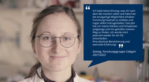 Porträtfoto von Solveig und Sprechblase mit Erfahrungsbericht über das Freiwillige Soziale Jahr (FSJ) am CRTD.