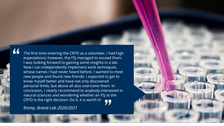Full pipette tip above multiwell plate as background of a quote of the FSJ volunteer Emmy.