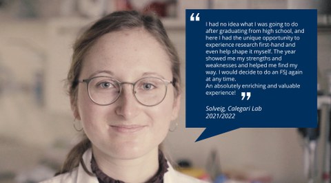 Portrait photo of Solveig and speech bubble with testimonial about the voluntary social year (FSJ) at CRTD.