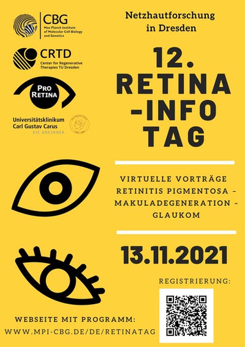 Poster für die 12. Retinatag, der am 13.11.2021 stattfindet. Zwei verschiedene schwarze Icons, die Augen darstellen, auf einem leuchtend gelben Hintergrund. 