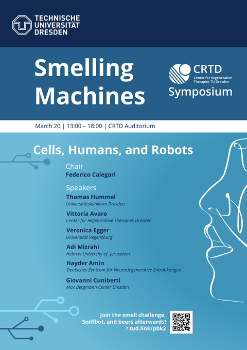 It is a poster for the symposium. The colors are different shades of blue, the title "Smelling Machines - CRTD Symposium" is shown in bold letters. On the left side are shapes that mimic circuits and on the right is a drawn profile of a face.