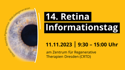 14. Retinainformationstag: 11. November 2023 | 9:30 - 15:00 Uhr am Zentrum für Regenerative Therapien Dresden. Das Poster zeigt die Iris eines Auges, darum herum die Worte: Glaukom, Retinitis Pigmentosa, und Makuladegeneration.