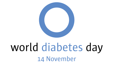 A logo on a white background. A large thick blue circle. Underneath the text “world diabetes day”, with the word “diabetes” highlighted in blue. Below, “November 14” written in blue.