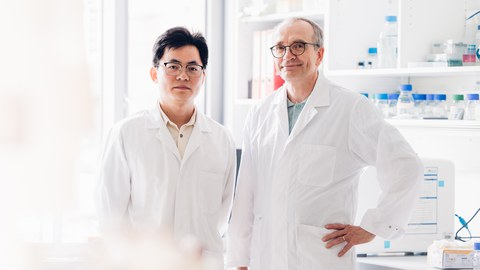 Porträt von Xiaobo Tian und Prof. Thomas Becker. Zwei Männern in weißen Laborkitteln, die lächelnd nebeneinander in einem sauberen Labor stehen.