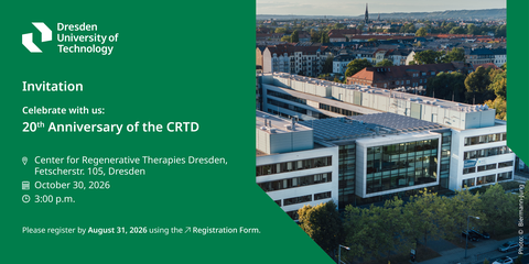 Eine Grafik. Eine Luftaufnahme des Gebäudes des Zentrums für Regenerative Therapien Dresden (CRTD) und der umliegenden Stadtlandschaft bildet die rechte Bildhälfte. Die linke Hälfte besteht aus einer grünen Fläche mit weißem Text. Oben links befindet sich das Logo der „Dresden University of Technology“. Darunter lädt der Text „Celebrate with us: 20th Anniversary of the CRTD“ zu einer Veranstaltung am 30. Oktober 2026 um 15:00 Uhr in der Fetscherstr. 105 in Dresden ein, ergänzt durch einen Hinweis zur Registrierung bis zum 31. August 2026.
