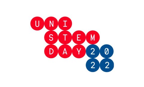 Logo des UniStem Day 2022.  Die Großbuchstaben des UniStem Day sind in roten Kreisen und die einzelnen Ziffern des Jahres 2022 sind in blauen Kreisen angeordnet.