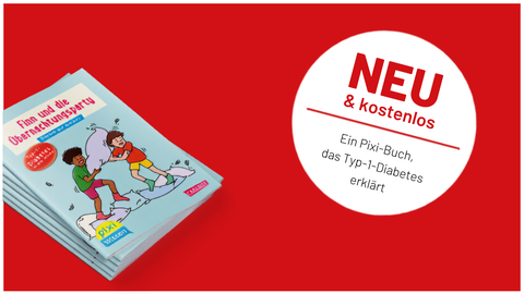 Eine Visualisierung. Vor einem leuchtend roten Hintergrund liegt auf der linken Seite ein Stapel kleiner, hellblauer Kinderbücher mit dem Titel „Finn und die Übernachtungsparty“, dessen Cover zwei Jungen bei einer Kissenschlacht zeigt. Rechts daneben befindet sich eine große weiße Kreifläche mit Ankündigungstext. Der Text im Kreis lautet oben „NEU & kostenlos“ in fetten roten Buchstaben, gefolgt von einer dünnen roten Trennlinie und der schwarzen Aufschrift „Ein Pixi-Buch, das Typ-1-Diabetes erklärt“ darunter.