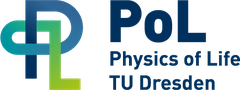 Logo von PoL. Rechts der Schriftzug "PoL" und darunter "Physics of Life". Links daneben eine grün-blaue abstrakte Buchstaben-Form.