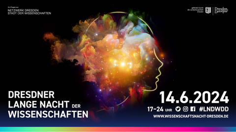A poster. An abstract painting of a side of a human face with colorful clouds and stars coming out of it. In the upper left corner text "Ein Projekt von NETZWERK DRESDEN STADT DER WISSENSCHAFTEN. In the upper right corner "gefördert durch der Landeshauptstadt Dresden" and logo of Dresden. In the lower left corner in three rows "DRESDNER LANGE NACHT DER WISSENSCHAFTEN". In the lower right corner "14.6.2024; 17-24 UHR", logos of Twitter, Instagram, and Facebook, "#LNDWDD" and "WWW.WISSENSCHAFTSNACHT-DRESDEN.DE"