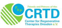 Ein Logo. Ein grüner Kreis aus diagonalen Linien mit einem sich überlappenden kleinen blauen Kreis. Die grünen Buchstaben "F&P" befinden sich innerhalb des blauen Kreises. Der Text in vier Zeilen "Freunde und Förderer des" in grün, "CRTD, Center for Regenerative Therapies Dresden" in blau mit "e.V." am Ende in grün.