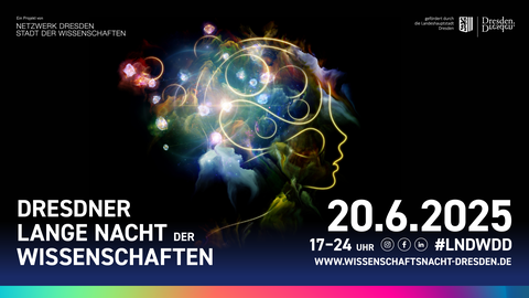 Werbebanner für die "Dresdner Lange Nacht der Wissenschaften" am 20. Juni 2025 von 17 bis 24 Uhr. Auf der linken Seite steht weißer Text auf schwarzem Hintergrund, daneben eine farbenfrohe, künstlerische Darstellung eines menschlichen Kopfes, bestehend au