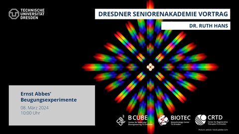 A poster image for an event. In the background there is a geometrical diamond structure formed from differently colored blurry lines. It stems from four bulbs in the middle of the picture and radiates to the outside, from blue through green, yellow, and red. There is also text. In the upper right corner "Dresdner Seniorenakademie Vortrag", underneath that "Dr. Ruth Hans". In the lower left corner there is a white box with information: "Ernst Abbes' Beugungsexperimente, 08. März 2024, 10:00 Uhr, location mark CRTD Auditorium Rechts". There are also logos. In the upper left corner there is a white TUD logo and in the lower right corner there are white logos of the B CUBE, BIOTEC, and CRTD institutes.