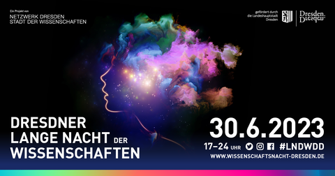 Banner for the Dresden Science Night. In the background is the silhouette of a face with colorful clouds and beginnings instead of hair. In the upper left corner a text " Ein Projekt von Netzwerk Dresden Stadt der Wissenschaften". In the upper right corner text " gefördert durch die Landeshauptstadt Dresden" and a logo of the city of Dresden. In the bottom left corner is the text " Dresdner Lange Nacht der Wissenschaften" and in the bottom right corner "30. 06. 2023". 17-24. #LNDWDD. www.wissenschaftsnacht-dresden.de" along with the logos of the social media: Twitter, Instagram and Facebook. At the very bottom of the banner is a colorful rainbow-like stripe.