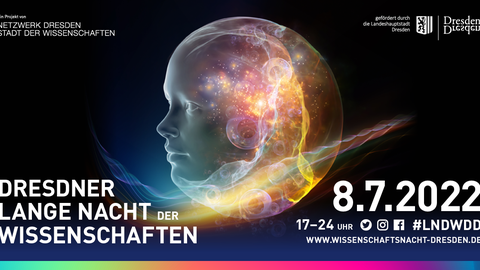 A banner with a dark background on which the colorful silhouette of a head is depicted. On the banner is the title "Dresdner Lange Nacht Der Wissenschaften". The event date is indicated as "7.8.2022 17-24 Uhr".