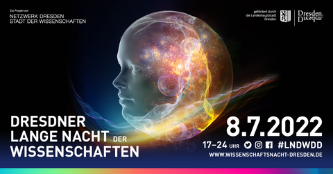 Ein Banner mit dunklem Hintergrund auf dem die bunte Silhouette eines Kopfes abgebildet ist. Auf dem Banner steht der Titel "Dresdner Lange Nacht Der Wissenschaften". Als Veranstaltungstermin ist "7.8.2022 17-24 Uhr" angegeben.