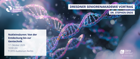 Ein Plakat für eine Veranstaltung. Im Hintergrund ist eine farbenfrohe 3D-Visualisierung von DNA-Strängen zu sehen. In der oberen linken Ecke befindet sich das Logo der TU Dresden. In der oberen rechten Ecke steht der Text: „Dresdner Seniorenakademie Vortrag” und „Dr. Stephen Enos”. In der unteren linken Ecke befindet sich auf weißem Hintergrund der Text: „Nukleinsäuren: von der Entdeckung bis zur Gentechnik. 17. Oktober 2025, 10:00 Uhr, CRTD Auditorium Rechts”. In der unteren rechten Ecke befinden sich das CRTD-Logo und die Bild-Copyright-Informationen: „FotoRichter / pixabay”. 