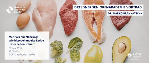 Eine Visualisierung. Ein Foto verschiedener roher Lebensmittel, darunter Eier, Fleisch, Fisch und Gemüse, bildet den Hintergrund auf einer hellgrauen Fläche. Mehrere weiße, rechteckige Textfelder mit dunkelblauer Schrift sind oben rechts und unten links platziert. Der Text oben rechts lautet „DRESDNER SENIORENAKADEMIE VORTRAG“ und „DR. MARKO BRANKATSCHK“. Das Feld unten links enthält den Titel „Mehr als nur Nahrung: Wie hitzebehandelte Lipide unser Leben steuern“ sowie Veranstaltungsdetails für Mai 2026. Logos der Technischen Universität Dresden und des BIOTEC sind in der oberen linken bzw. unteren rechten Ecke zu sehen.