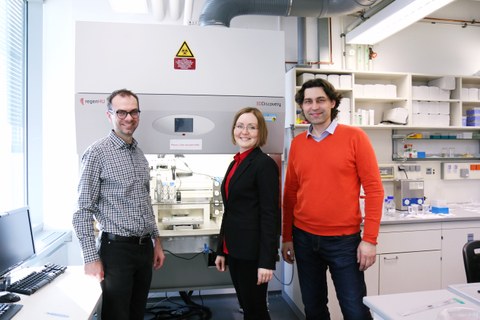 Dr. Ivan Minev, Dr. Anastasia Levchenko und Prof. Dr. Pavel Musienko im Labor am Biotechnologischen Zentrum der TU Dresden (BIOTEC).