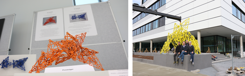 Modell (links) und das vor dem Gebäude installierte Kunstwerk "Gittergeflecht (rechts). v.l.n.r.: Martin Krause (Architekt, WTR), Prof. Stefan Diez (B CUBE), Frank Schauseil (Künstler), Prof. Gerd Kempermann (DZNE)