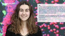 A portrait photo with text. A smiling person on a black background with clustered specks in pink, purple, and green. On the right side of the photo, there is a white rectangle with a big quotation mark and text: ”This program has been an incredibly rewarding experience for me. The strengths are the practical courses and the international and multidisciplinary character. We had the opportunity to spend these last two years surrounded by fellow students and professors from all over the world, with all kinds of different backgrounds. The Master’s has tremendously enriched my professional curriculum and has provided me with wonderful personal experiences. Cristina, Spain, 2017-19.”