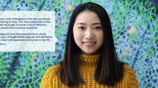 A portrait photo with text. A smiling person on a black background with clustered specks in pink, purple, and green. On the right side of the photo, there is a white rectangle with a big quotation mark and text: ”The professors and colleagues in the lab are always friendly and willing to help. The internationality of the course allowed me to get to know a lot of different cultures and people from various countries. I am really happy to have the opportunity to study here. Being a part of RegBioMed program will definitely be one of the most unforgettable memories in my life. Juohan, Taiwan, 2017-19.”