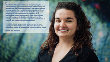 A portrait photo with text. A smiling person on a black background with clustered specks in pink, purple, and green. On the right side of the photo, there is a white rectangle with a big quotation mark and text: ”The Master of Science in Molecular Bioengineering has an interdisciplinary approach that combines Biotechnology and Biomedicine, and Bionanotechnology. It has opened my eyes to many options that I would never have considered for my future, giving me the tools to reach them. The program is taught by an international body of professors to an international body of students which come from different scientific backgrounds, Besides adding diversity to the training, it allowed me to build a wide and varied network of contacts, and create unforgettable memories. I think this Master program can be summarized as “eye-opening” in the scientific sense, and also in the social and community aspects. It will be a huge inspiration for my future. Michelle, Italy, 2018-20.”
