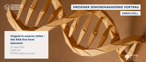 ein Plakat für eine Veranstaltung. Im Hintergrund ist ein KI-generiertes Bild einer DNA-Helix aus Papier-Origami zu sehen. In der oberen linken Ecke befindet sich ein Logo der TU Dresden. In der rechten oberen Ecke steht die Überschrift: "DRESDNER SENIORENAKADEMIE VORTRAG" und "SIMON DOLL" In der unteren linken Ecke steht der Text: "Origami in unseren Zellen - Wie RNA ihre Form bekommt, 25. April 2025, 10:00 Uhr, CRTD Auditorium Links". In der rechten unteren Ecke befindet sich ein Logo des BIOTEC-Instituts und ein Copyright-Hinweis: Kamerasymbol und „Magdalena Gonciarz generated with Dall-E3“.