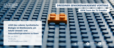 Ein Plakat für eine Veranstaltung. Im Hintergrund ist ein Bild eines kleinen, leuchtend orangefarbenen LEGO-Steins inmitten eines blauen LEGO-Hintergrunds zu sehen. In der oberen linken Ecke befindet sich das Logo der TU Dresden. In der oberen rechten Ecke stehen die Titel: „DRESDNER SENIORENAKADEMIE VORTRAG“ und „iGEM Team der TU Dresden“. In der unteren linken Ecke befindet sich der Text: „LEGO des Lebens: Synthetische Biologie im Wettbewerb, um lokale Umwelt- und Gesundheitsprobleme zu lösen, 04. Juli 2025, 10:00 Uhr, CRTD Auditorium Links“. In der unteren rechten Ecke befinden sich die Logos der Institute B CUBE, BIOTEC und CRTD sowie ein Urheberrechtshinweis: Kamera-Symbol und „Unsplash/Glen Carrie“.