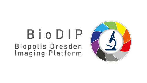 Logo von BioDIP. Links steht "BioDIP Biopolis Dresden Imaging Platform". Rechts ist ein Kreis in bunten Farben, in der Mitte ein Mikroskop.