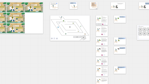 Screen eines Online Whiteboards mit verschiedenen Entwürfen und schematischen Abläufen