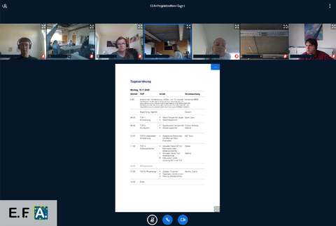 Ein Screenshot aus Big Blue Button. Oben alle Teilnehmenden mit Bildern ihrer Webcam. Unten die Tagesordnung des Projekttreffens.