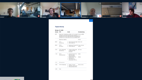 Ein Screenshot aus Big Blue Button. Oben alle Teilnehmenden mit Bildern ihrer Webcam. Unten die Tagesordnung des Projekttreffens.