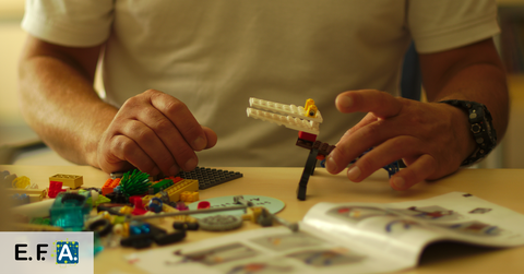 Das Bild zeigt zwei Hände die eine aus Lego gebaute Figure eines Vogelwesens halten. Davor liegen unscharf viele Legoteile plus Anleitungsheft.
