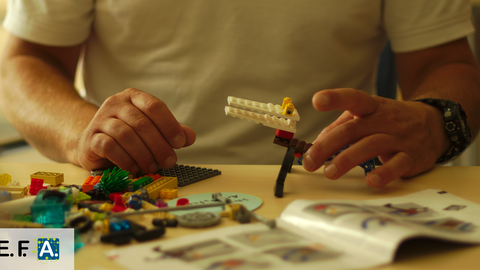 Das Bild zeigt zwei Hände die eine aus Lego gebaute Figure eines Vogelwesens halten. Davor liegen unscharf viele Legoteile plus Anleitungsheft.