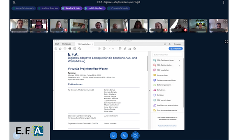 Das Bild zeigt ein Screenshot des virtuellen Projekttreffens vom Team E.F.A. mit den Teilnehmenden am oberen Rand vor ihren Webcams und einer geöffneten Präsentation zum Tagsablauf in der Bildmitte.
