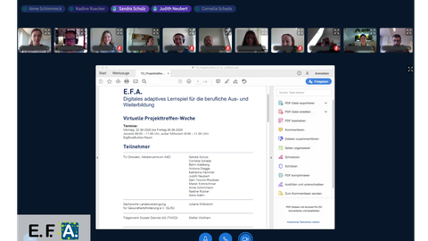 Das Bild zeigt ein Screenshot des virtuellen Projekttreffens vom Team E.F.A. mit den Teilnehmenden am oberen Rand vor ihren Webcams und einer geöffneten Präsentation zum Tagsablauf in der Bildmitte.