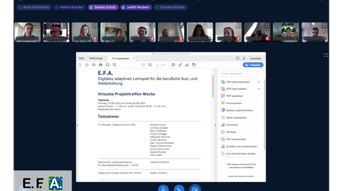 Das Bild zeigt ein Screenshot des virtuellen Projekttreffens vom Team E.F.A. mit den Teilnehmenden am oberen Rand vor ihren Webcams und einer geöffneten Präsentation zum Tagsablauf in der Bildmitte.
