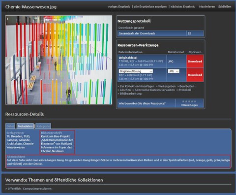 Screenshot zur Detailansicht eines Bildes im Bildpool der TU Dresden