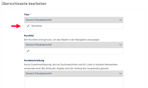 Screenshot der Bearbeitungsansicht einer Übersichtsseite im WebCMS