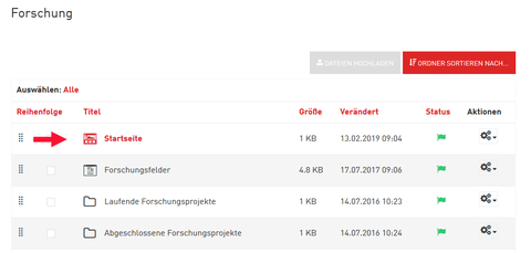 Screenshot der Inhaltsansicht zu einer Übersichtsseite im WebCMS