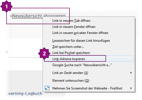 Screenshot zu Schritt 1 und 2, um den RSS-Feed zu abonnieren