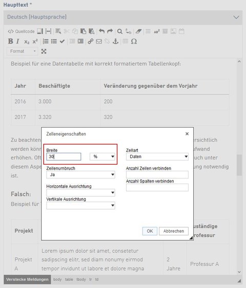 Screenshot der Bearbeitungsansicht im Editor des WebCMS zur Änderung der Spaltenbreite bei Tabellen