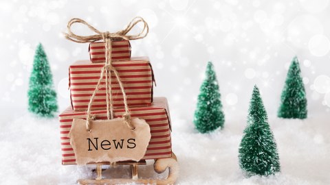 Foto eines Miniatur-Holzschlittens mit kleine Geschenken. Am Geschenkband hängt ein Zettel mit der Aufschrift News. Auf dem Boden liegt Schnee und um den Schlitten stehen kleine Miniatur-Tannenbäume.